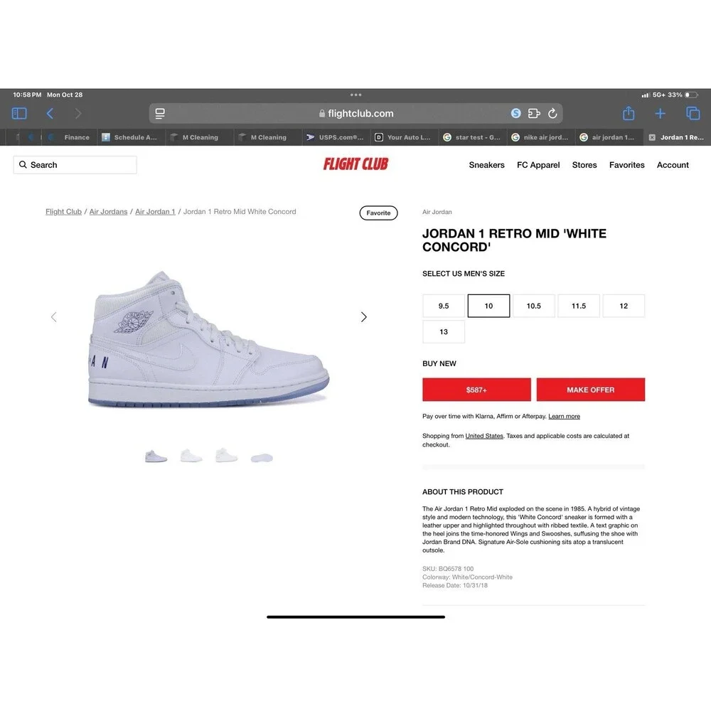 Men’s Nike Air Jordan 1 Mid White/Concord-White BQ6578 100 Size 10